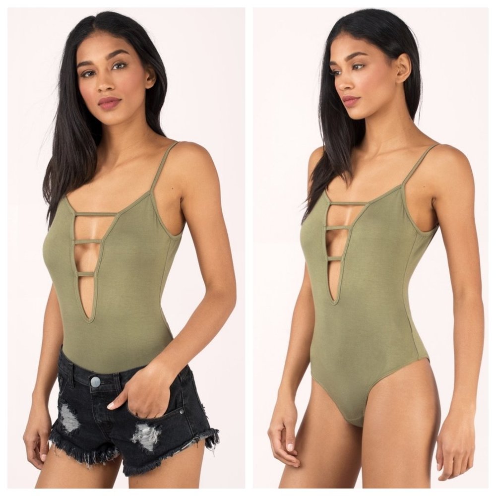 Tobi Olive Strappy Cut Out Plunge Bodysuit